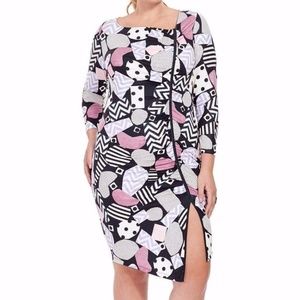 Isabel + Alice Collage Printed Asymmetric Sheath